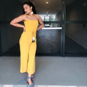 Mustard Strapless Jumpsuit with Tassel Belt